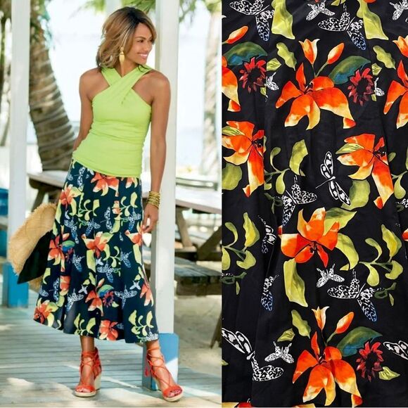 Soft Surroundings Tropical Forest Floral Butterfly Flowy Midi Skirt Large NEW - Picture 1 of 7